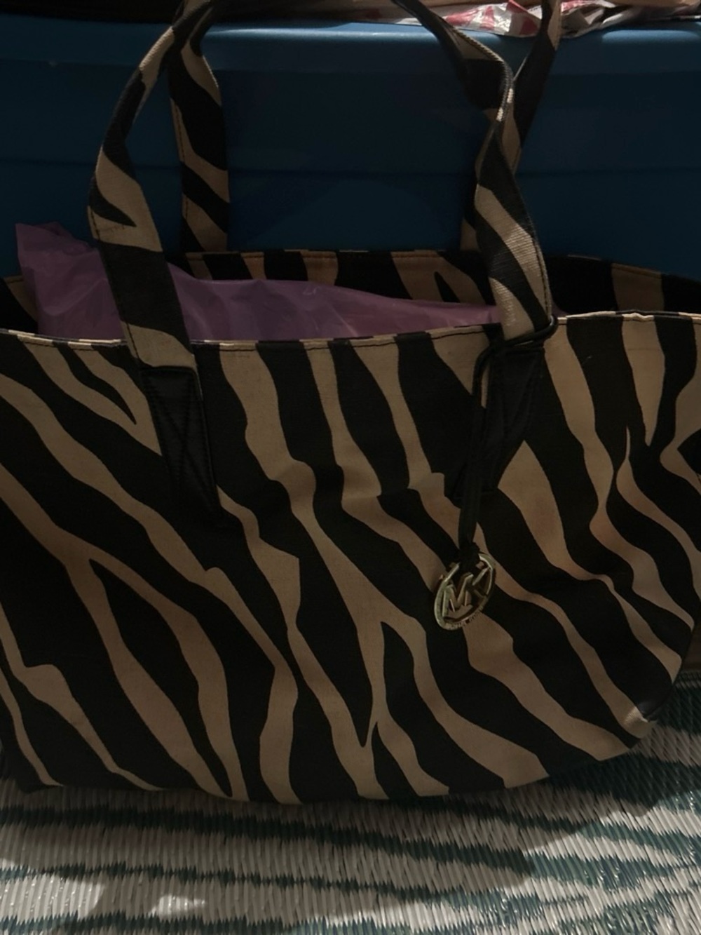 Michael Kors Black and Beige Zebra-Print Tote Bag 12 deep 21 1/2 wide